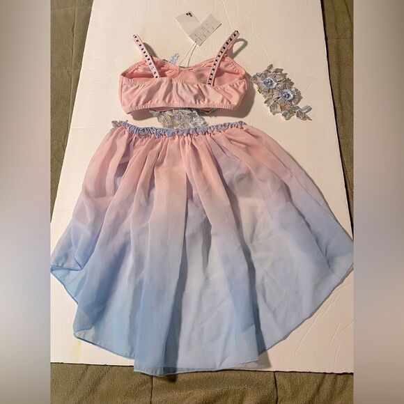 Glamour solo dance costume 2 piece blue pink embellished MC child /LC child new - Picture 6 of 11